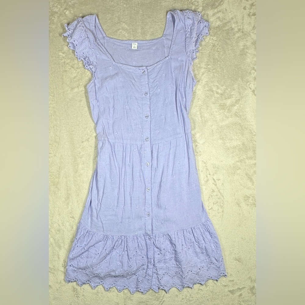 Old Navy Linen Cotton Blend Lavender Eyelet Ruffle Buttoned Front Mini Dress M